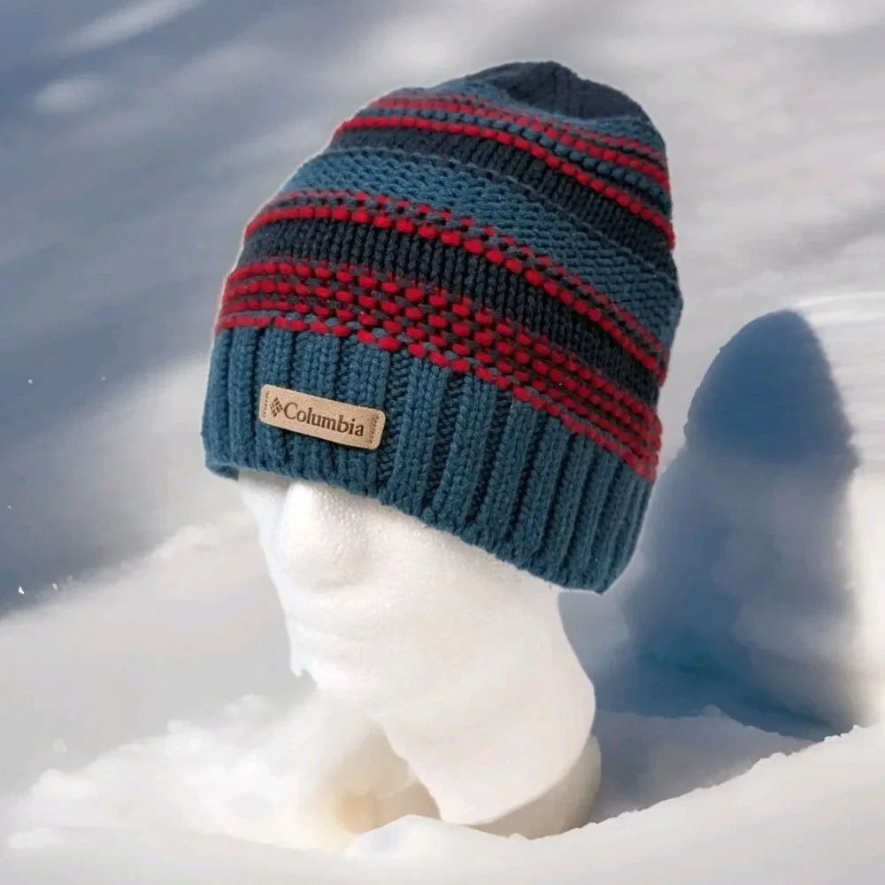 Columbia Knit Beanie Hat Blue Red Striped Fleece Lined Unisex Winter Cap